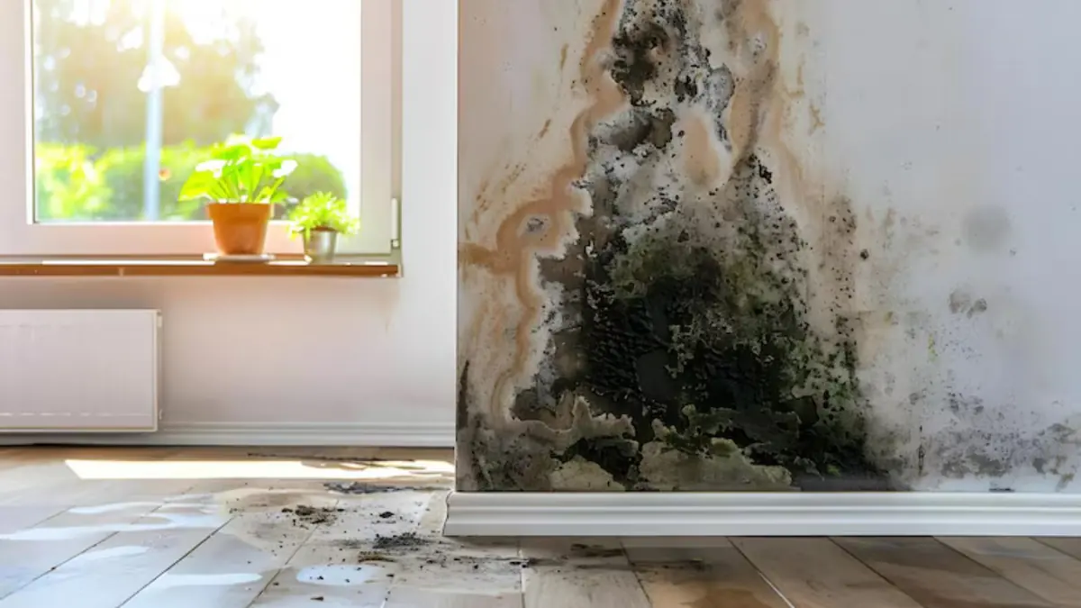 Mold growing at the base of a wall beneath a window above a wet floor