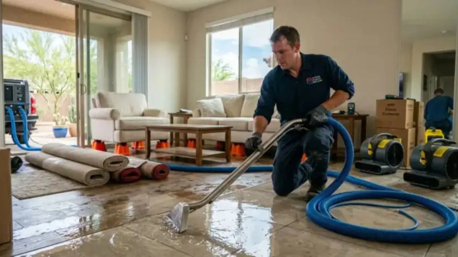 Technician extracting standing water from a living room floor with a hose