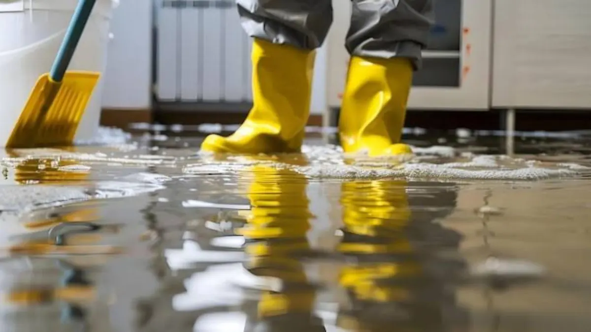 Person in yellow rubber boots wading through floodwater indoors