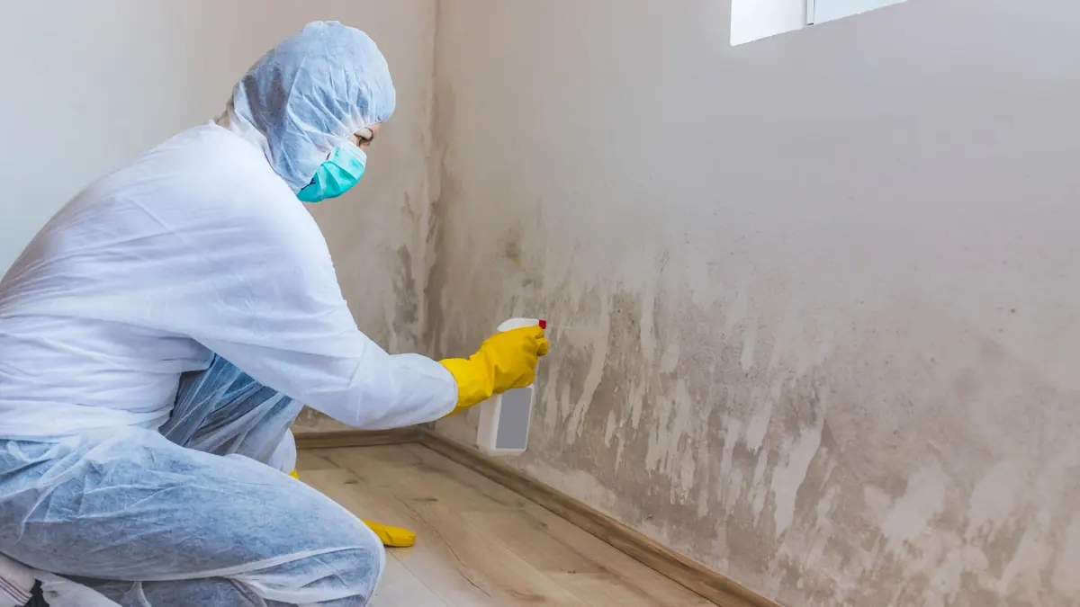 Technician in protective gear treating a moldy wall corner