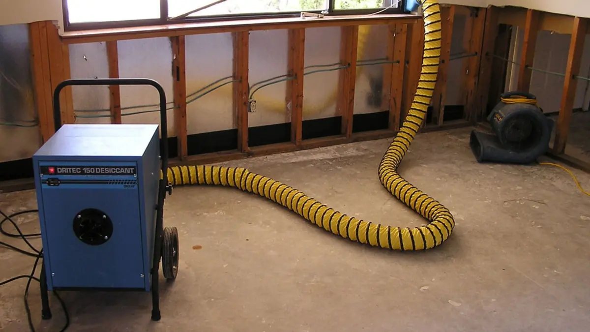 Dehumidifier with a yellow hose drying out a wall cavity