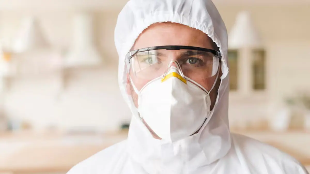 Technician in a respirator and protective suit