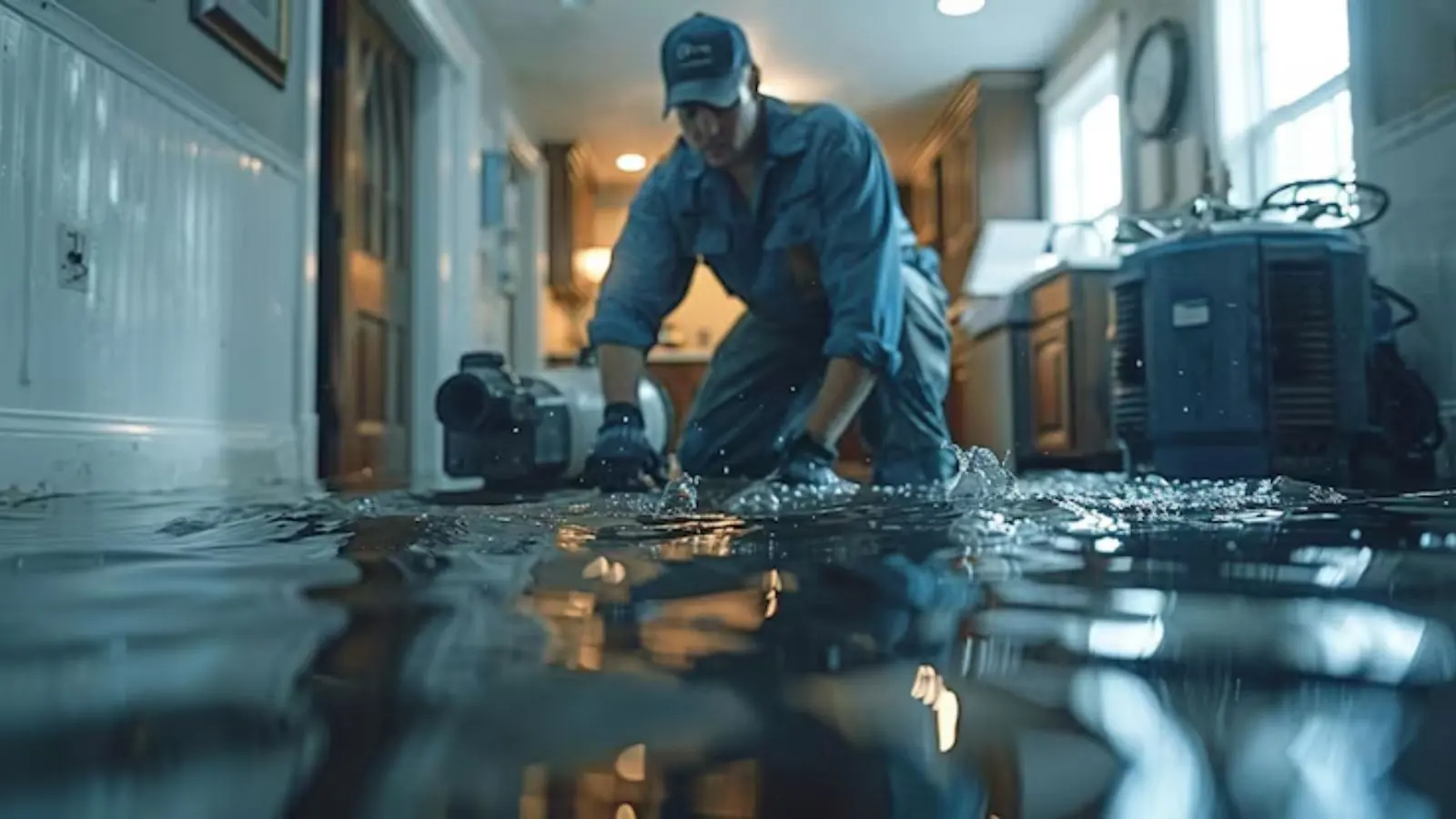 Technician with extraction equipment cleaning up a flooded room