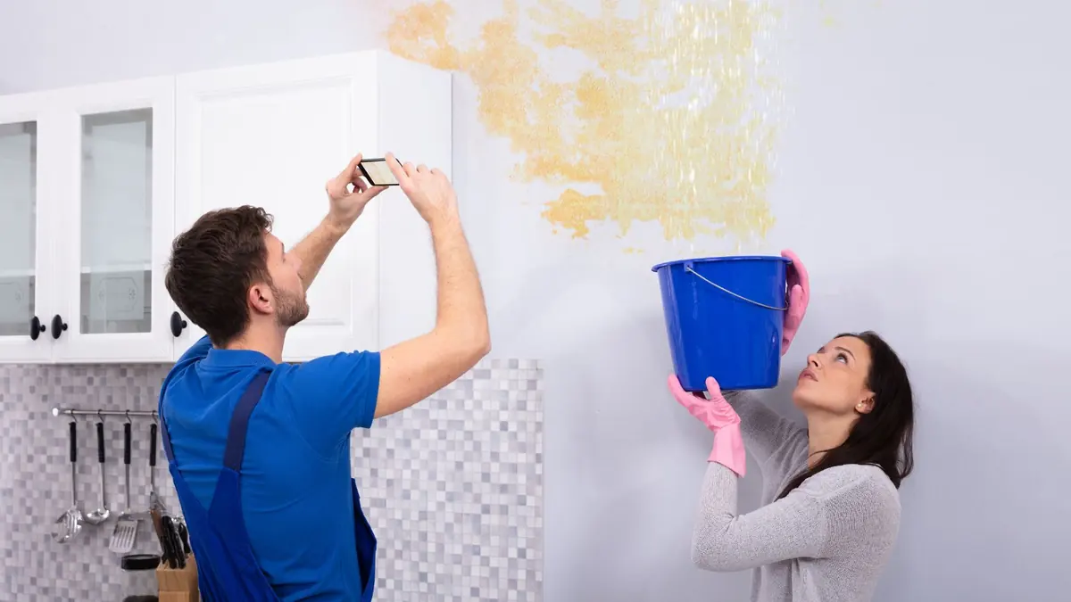 Homeowner photographing a water stained wall while a technician catches a leak